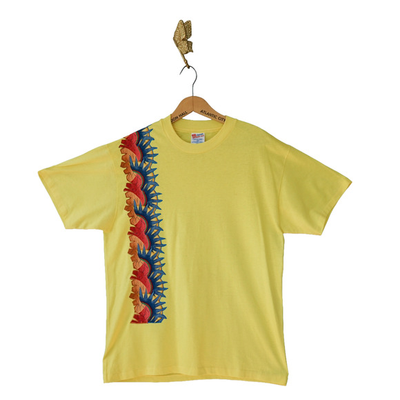 Vtg 90s Hanes Glitter Iron On Aztec Sun Graphic Tee L Single Stitch Southwest - Picture 1 of 16